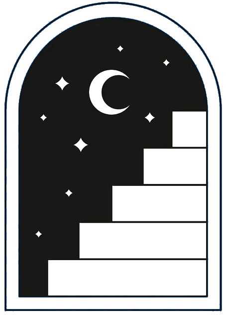 An arched window frame reveals a nighttime scene with a crescent moon and stars against a black sky. A series of ascending white steps leads upward, creating a sense of mystery and wonder.